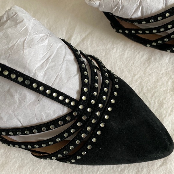 Anthropologie Pointed T-Strap Black Suede Rhinestone Heels - Picture 14 of 15